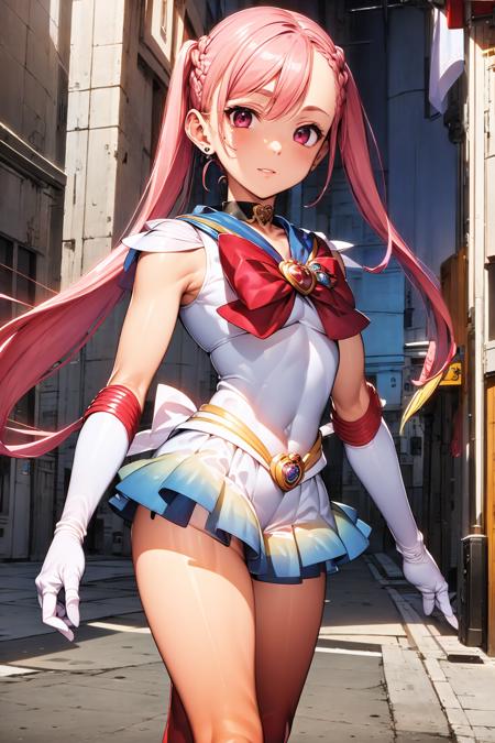 ((best quality)), ((official art)), ((masterpiece)), textile shading, ((ultra-detailed)),  solo, full color, (1girl, solo,   <lora:super_sailor_moon_outfit-v1:1>,bssmsuperoutfit, circlet, white leotard,,blue sailor collar, sleeveless, heart brooch, miniskirt, white gloves,   hairstyle, hairlength , pink hair, detailed face), (at night, street)