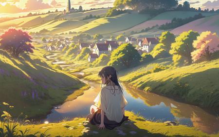 (closeup)++ lone anime girl sitting on a hill, facing away, highres, stream, glistening dewy fields, town in the distance, cozy, detailed background