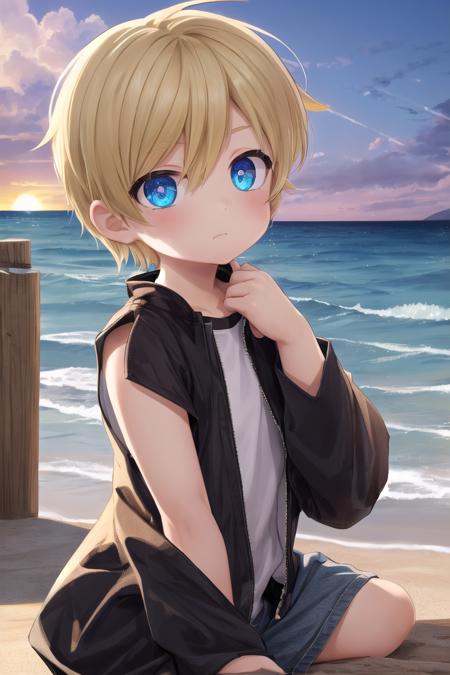 (1boy:1.4),
multicolored background, looking at viewer, hair between eyes, highlight in eyes, (very short hair),
crew cut, (blonde hair:2), (fully clothed :1.4), colorful eyes, ((masterpiece,4:1)),  full shot,
multiple details, sky, sea, beach,  whole body, short hair, handsome, (bulge:0.4), 
beautiful eyes (vocaloid), delicate features, high light in eyes, (narrow chin:1.5), triangle chin,  (introvert:1.6)
petite, young, juvenile, short hair, detailed beautiful little boy, adorable boy, sparkling eyes, (sunset beach), muscular:0.6