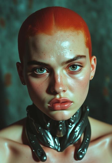 ArsMovieStill, film-grain, movie still from a 1990s indie movie, Close-up portrait of a melancholic cyborg, porcelain skin with freckles, metallic orange-red slicked-back hair, dark dramatic eye makeup, tears streaming down face, chain adornments on forehead and ear, cybernetic tentacle-like neck and shoulder implants, segmented with circular joints, soft lighting, dark greenish-gray background, cyberpunk, biomechanical, vulnerable, futuristic, gritty, neon-lit slight overexposure