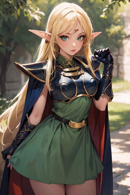 straight-on,pose,looking at viewer,solo, BREAK,  ANI_CLASSIC_deedlit_ownwaifu, www.ownwaifu.com, 
pointy ears, blonde hair, long hair, elf, circlet, green eyes, long pointy ears, very long hair, breasts, medium breasts, earrings, lips, makeup, bangs, 
cape, armor, blue cape, shoulder armor, pauldrons, gloves, breastplate, belt, green dress, short dress, 
<lora:ANI_CLASSIC_deedlit_ownwaifu-15:0.8>,, (masterpiece:1.4),(best quality:1.4),(absurdres:1.4),pinup,