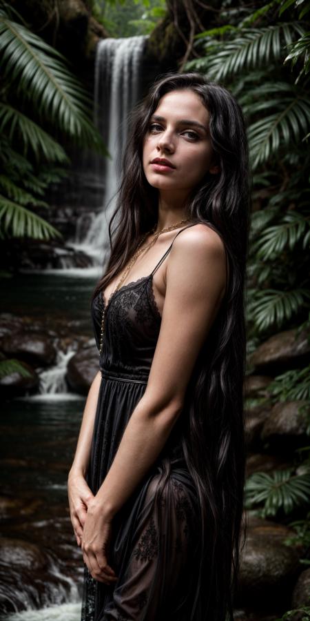 masterpiece ,realistic, young woman with long black hair, petite, slim, long black lace dress with very detailed and many ornaments, highly detailed chain around the neck, small hands, black long fingernails, smooth skin on hands, fine hairs on forearms, jungle, waterfall, hdr,8k,<lora:Add More Details 1.5:1.5>, Cinematic photography, movie mood, cinematic light, compelling composition, storytelling elements, conveys emotion, mood, and narrative depth, creating visually striking images that feel like still frames from a film