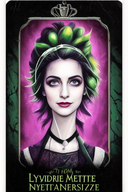 1girl, portrait, tarot card, 80s movie poster, Lydia  Deetz, Elizabeth Teeter in Beetlejuice,wild neon green hair , trending on artstation,  rim lighting, octane rende,r frost engine 3 ,deetz1