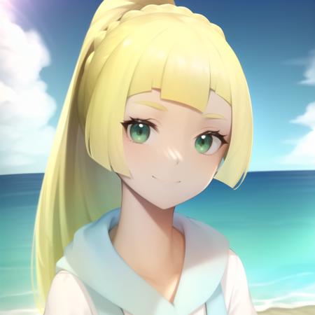 <lora:character_pokemon_lillie_v5:1> lillie \(pokemon\), beach, 1girl, solo, portrait, looking at viewer, green eyes, smile, closed mouth, ponytail, shirt, backpack,