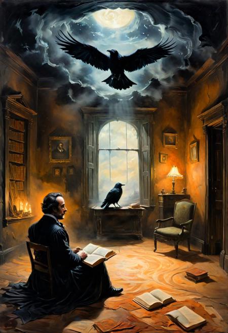 A hauntingly beautiful oil painting capturing the essence of Edgar Allan Poe's "The Raven." The canvas depicts a dimly lit room where a lone figure sits, immersed in the pages of the book, while a spectral raven looms overhead. Shadows dance across the walls, and the air is thick with a sense of foreboding. The painting evokes the eerie atmosphere of Poe's tale, with rich colors and intricate details that draw the viewer into its macabre world