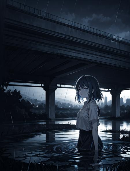 phblue, scenery, no humans, landscape,  (masterpiece,best quality:1.4), blue theme, city, dusk, 1girl, rain,cowboy shot, close up, <lora:bluestyle-000005:0.5>,