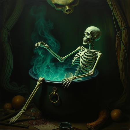 1800's macabre baroque matte oil painting of a skeleton corpse sitting in a boiling cauldron getting cooked, in the art style of John Martin, Bosch, Goya, macabre, eerie vibe, green hue, occult, esoteric, satanic, unnerving, traumatic, claustrophobic, black magic, chiaroscuro, carvaggio, cannibalism, biblical art