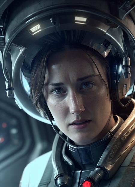 close up photo of sks woman, rugged space trucker, inside industrial spaceship, futuristic science fiction, action scene, digital concept art, realistic, intricate detailed textures, filmic, cinematic, environmental character portrait, <lora:locon_ashleyjohnson_v1_from_v1_64_32:1.25>