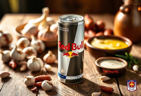“Advertising photoshoot for a new limited-edition Red Bull can in ‘Bagna Caüda’ flavor, celebrating the flavors of the Piedmont region. The can prominently displays the Red Bull logo, the official Piedmont region logo, and the Torino FC logo as a key sponsor, symbolizing the connection to local culture and sports. The can’s design features earthy tones with subtle illustrations of garlic, anchovies, and olive oil – the key ingredients of bagna càuda. It’s set on a rustic wooden table surrounded by traditional Italian ingredients like garlic cloves, anchovies, and bowls of olive oil and cream, capturing the essence of Piedmont. The lighting is bright but warm, emphasizing both the energizing nature of Red Bull and the rich culinary heritage of Piedmont. All logos – Red Bull, Piedmont, and Torino FC – are clearly visible.”