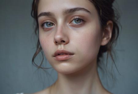 Ultra detailed film photograph with tiny depth of field, shot in an empty studio space with complex lighting. The bare bust of a beautiful woman, her hair and face and slender neck and delicate collarbone and small firm breasts. She looks stoic and severe, soft eyes that are perfectly in focus. From her lips flows richly colored Monochromatic paint, it trickles thickly from her lips down her chin, dripping on her tiny breasts, trickling down her neck.