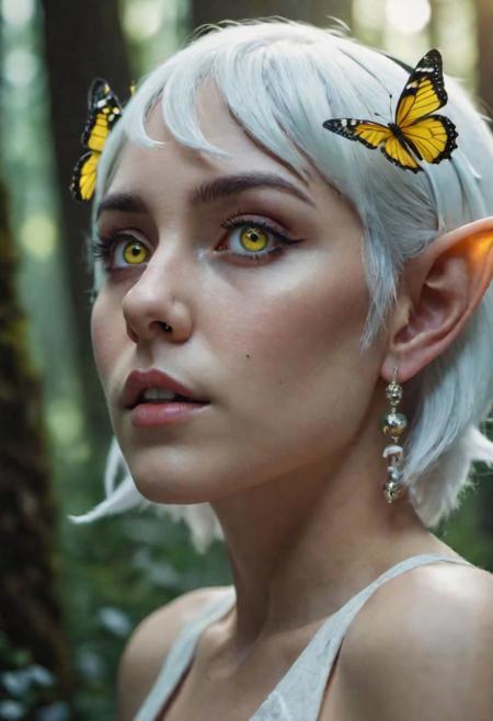 portrait of a very beautiful elf, big yellow eyes, pointed ears with big earrings, nose piercing, short white hair, Christmas hat, looking sideways at the viewer, in a forest, butterflies fluttering around her, cinematic lighting, ssao, uhd, 8k, 18 mm lens, f/2, cinematic color.