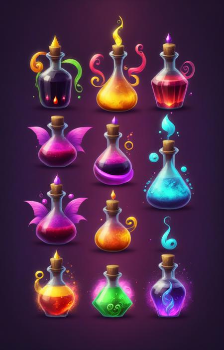 a set of four bottles with different colored liquid, magic potions, magical potions, glowing potions, potions, alchemist bottles, potion, colorful spells, potion of healing, alchemy concept, fantasy game spell symbol, making a potion, magical items, health potion, fantasy game spell, rainbow liquids, colorful magic effects, fantasy game spell icon