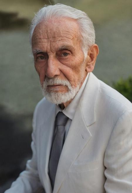 HD color photograph of a old 98 year-old pianist (confident expression:1.2, body:1.1), textured skin with wrinkles, calm face,outdoor, white suit, tidy hair, long grey beard, in the act of calm and mindfulness, with a focus on his face and upper body,soft strong natural lighting,high resolution,, high contrast, ray og light, light on the eyes, hard shadow, ENF, Cover