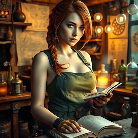 subsurface scattering, Photorealistic, Hyperrealistic, analog style, realistic, film photography, soft lighting, photo, cinematography, high resolution, 8k, incredible photo, award winning photography, fine detail,
Beautiful female model. 31yo, Highly detailed face. Seducing detailed expressive eyes. (Wearing only overalls and a green sports-bra :1.2). Perfect perky breasts. Princess Braid copper hair.  Beautiful alchemist, studying magic Book on bench,copper hair, (Alchemy and Tinker shop, tools, potions, bottles, workbench, wooden walls, wood furniture, schematics on wall, blueprints on wall, proud,  too many pouches, massive boots, gloves,charts in a tower filled with magical orbs | Wizard activating a golem in a rune-lit workshop | Alchemist mixing potions amid hovering magical essences | Enchantress reading a spellbook while a magic quill writing notes, 
(amazing fantasy setting, Ultra Realistic, trending on artstation, exaggerated, detailed   
 background:1.1), RAW photo, best quality, depth of field, ultra high resolution. 35mm photograph, film, professional quality, highly detailed dynamic lighting, photorealistic.