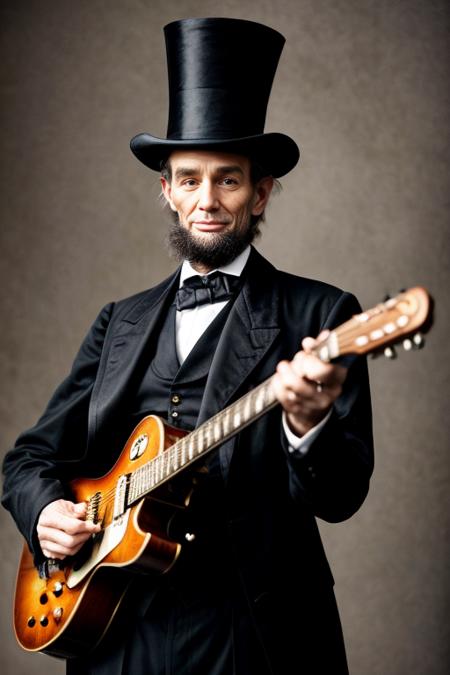 cinematic photo Abraham lincoln playing a stradivarius electric guitar in front of a cheering rock crowd. Stove pipe hat, black suit that is a little too small.  . 35mm photograph, film, bokeh, professional, 4k, highly detailed