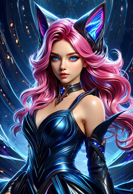 3DMM, high quality, best quality, unrealistically high details, extremely high quality, ultra high detail, good anatomy, masterpiece, high res, crisp lines, realistic, available light, 1girl, 40 years old, gorgeous girl, (((beautiful))), (beautiful face), sexy proportions, ((small boobs)), perfect perky tits, pink hair, long wavy hair, long hair, wavy hair, dog ears, animal_ears, ((blue eyes)), dark blue eyes, sapphire eyes, smoky eyes, beautiful makeup, arrogant, aloof, warrior princess, petite, athletic, black choker, long dress, posing, stylish_pose, dynamic_angle, head_tilt, DonMX3n0XL, (((futuristic))), futurism, postapocalyptic, (((magical))), whimsical, fairytale, fantasy