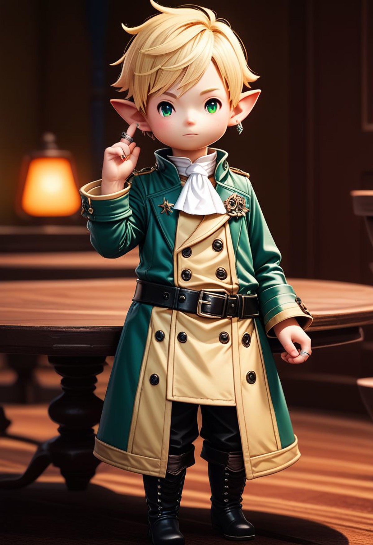 lalatater, monocle, solo, lalafell, pointy ears, jewelry, green eyes, ring, earrings, belt, standing, short hair, full bod...