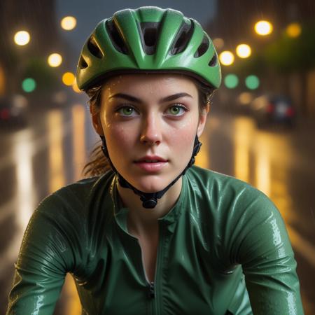 Portray a young woman, her hair pulled back under a helmet, cycling through a rain-soaked city street. Her determined green eyes focus on the road ahead, with raindrops streaking across her cheeks and jacket. The city lights reflect in the wet road, creating a vibrant, dynamic background.