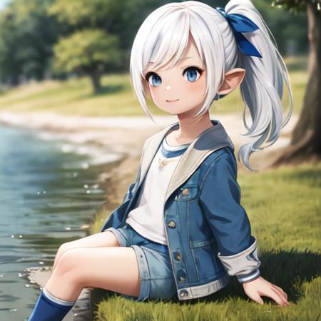 1girl, masterpiece, highest quality, anime style, 1girl, white hair, blue eyes, blue ribbon in hair, side ponytail, blue casual coat, blue shorts, blue shoes, white socks, sitting near a tree <lora:lalafell_v1.5:0.8>