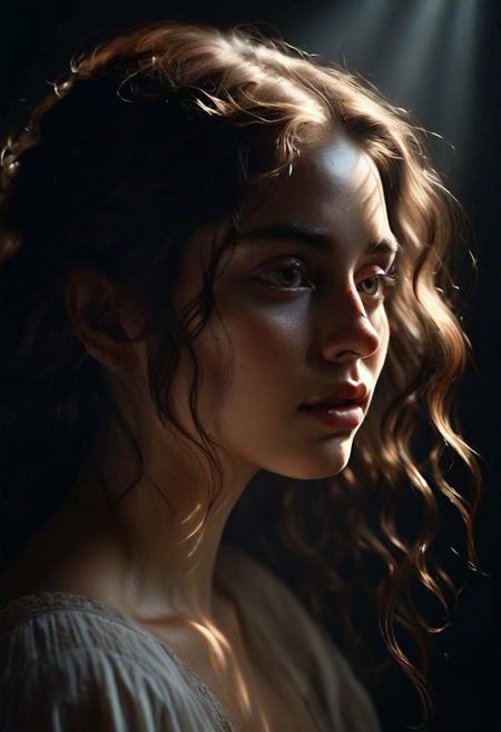 high quality, 8K Ultra HD, hyper-realistic portrait of a captivating woman, The woman is portrayed in a moonlit setting, her features bathed in a soft, diffused glow that accentuates the delicate nuances of her expression. The artist, drawing from Sargent's precision, captures every subtle contour of her face, the intricacies of her gaze, and the cascading strands of her hair, In this mysterious ambiance, the artist employs da Vinci's mastery of shadow and light, creating an alluring interplay that accentuates the enigmatic aura surrounding the woman, Shadows dance across her features, enhancing the depth of her gaze and adding a touch of secrecy to the composition, by yukisakura, highly detailed,