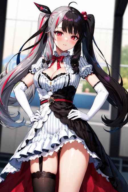 masterpiece, best quality, highres, rena1, 1girl, solo, multicolored hair, red eyes, black hair, white elbow gloves, split-color hair, streaked hair, twintails, white dress, two-tone hair, cleavage, hair ornament, ahoge, animal ear legwear, hair ribbon, mismatched legwear, bangs, grey hair, striped, red hair, black ribbon, two-tone dress, hair bobbles, vertical stripes, black bow, large breasts, very long hair, hair bow, <lora:yorumi_rena_v10:0.8>, cowboy shot, on the stage, hand on hip,