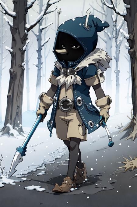 <lora:joris:0.8>, joris, 1boy, solo, faceless, (long nose:1.3), colored sclera, black eyes, hood, jorisoutfit, fur trim, full body, thin legs, walking, forest, blizzard, snowing, snow, fog,