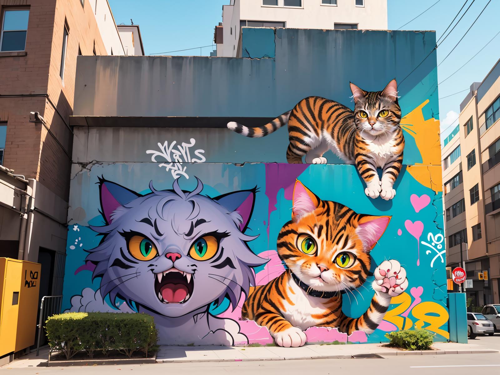A wall of a building painted with a tiger cat and two other cats with painted claws.