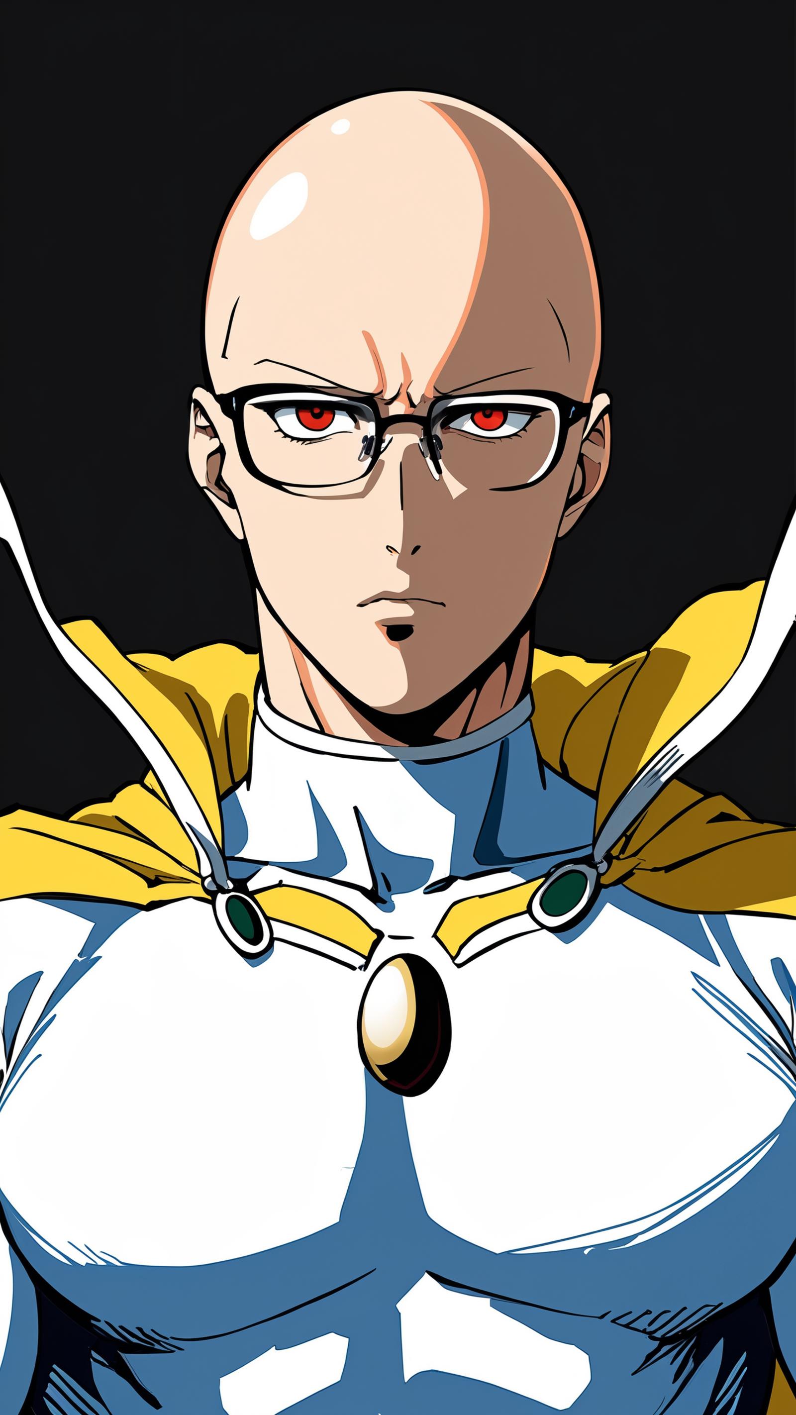 A comic book character wearing a white shirt and a yellow cape with a green jewel.