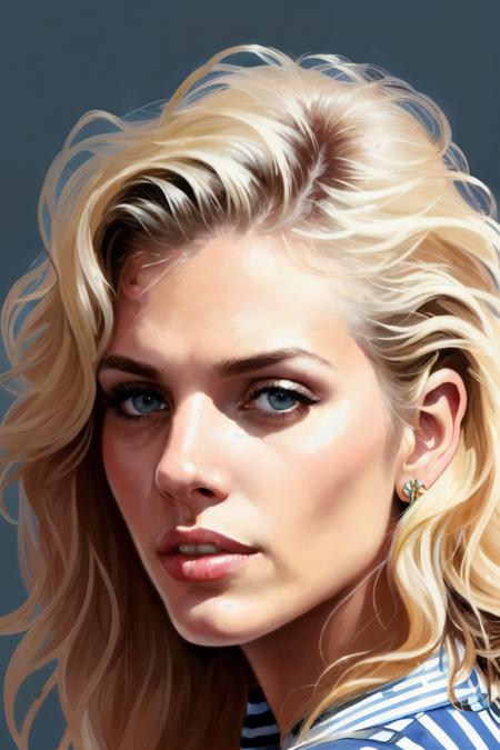 portrait photo of annalynne1 ,(blue and green striped shirt), (dirty blonde hair), alluring portrait, intricate, highly detailed, digital painting, artstation, concept art, naughty, sharp focus, cinematic lighting, illustration, art by artgerm and greg rutkowski, alphonse mucha, cgsociety