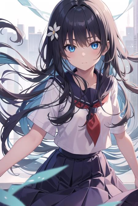 satenruiko, <lora:satenruikotest:1>, saten ruiko, black hair, blue eyes, long hair, hair ornament, flower ornament, (flat chest:1.2),
BREAK blue skirt, pleated skirt, sakugawa school uniform, school uniform, serafuku, skirt, summer uniform,
BREAK looking at viewer,
BREAK city,
BREAK <lora:GoodHands-vanilla:1>, (masterpiece:1.2), best quality, high resolution, unity 8k wallpaper, (illustration:0.8), (beautiful detailed eyes:1.6), extremely detailed face, perfect lighting, extremely detailed CG, (perfect hands, perfect anatomy),