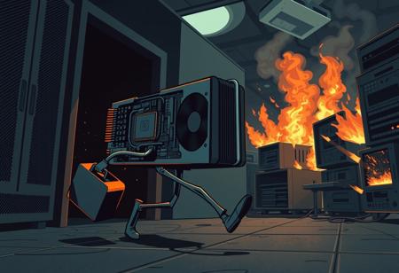 Dramatic action chase closeup, Comic with flat shading, dark server room, A motherboard graphics card from a computer with two metal thin legs holding a suitcase while running away out  of door, open computer case in background, burning computer, chaos, many burning computers
