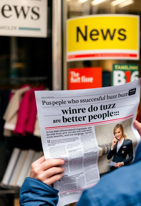 At a newsstand, you can read a newspaper with the headline "People who donate buzz are better people."
The subheading reads "It has been discovered that people who donate buzz are smarter, more beautiful, and live longer." It also includes an image of a handsome, rich, and successful man and woman.