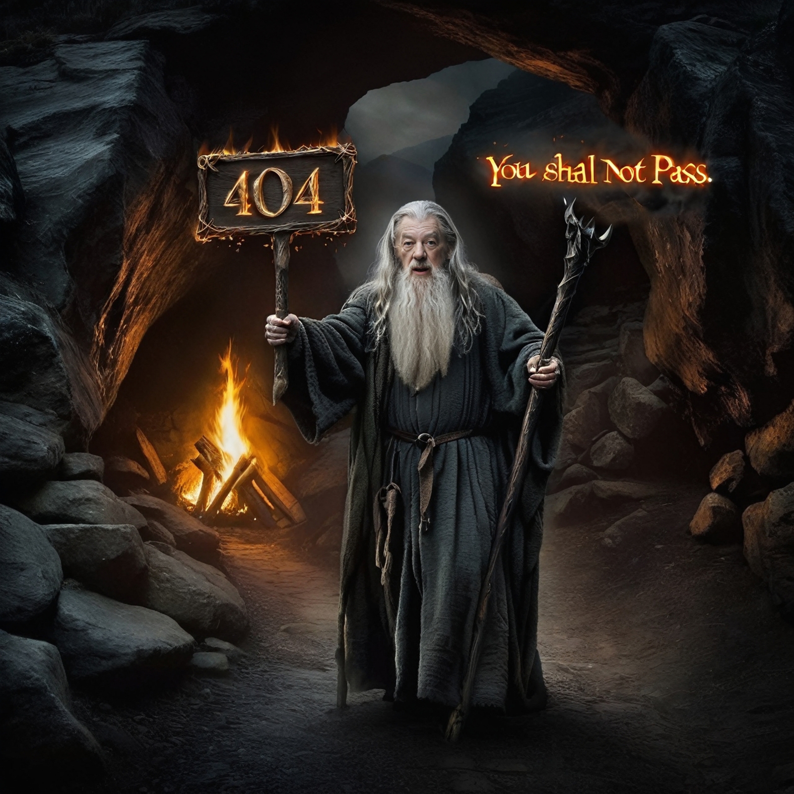 A wizard holding a 404 sign while standing in front of a cave.
