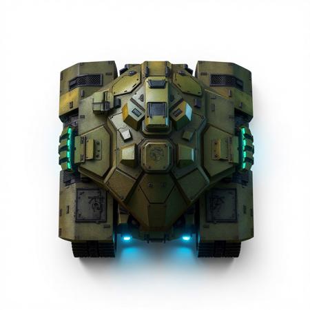 ((top view)), (tank),
Wide and flat tank with an arched dorsal spine and side-mounted armor slabs.
Chassis: Regenerative plating arranged in layered hex cells. Vines of nano-cabling crisscross beneath the surface.
Tracks: Wide dual treads with spore-filter grills covering each tread module.
Details: Bio-gel sacs protrude along side armor; side compartments vent steam during overclocked regen.
Lights: Blue-green capillaries shimmer under armor. Thin halos radiate from under tread housings.