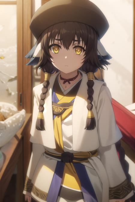 anju, long hair, brown hair, black hair, animal ears, hair between eyes, (yellow eyes:1.5), braid, twin braids, hat, robe, long sleeves, 