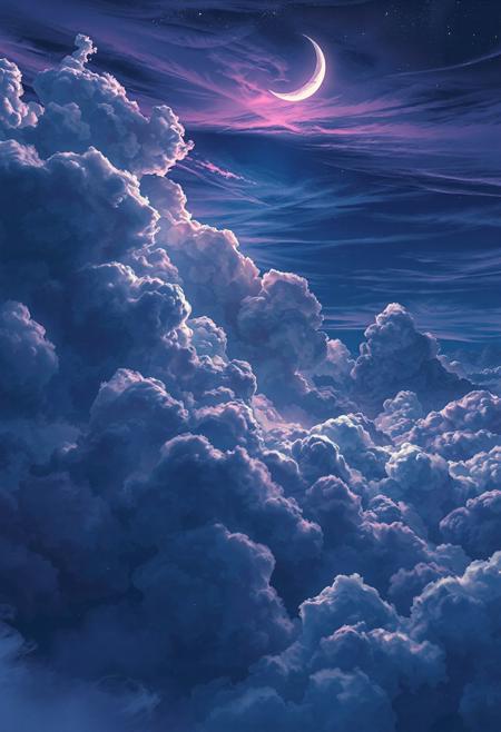 "Vertical 9:16 anime-style night sky scene in ultra-detailed 4K resolution. Towering layers of sharp, high-definition cumulonimbus and cirrus clouds painted in deep violet, sapphire blue, and inky midnight hues. The clouds have complex structures: jagged edges, high contrast shading, volumetric depth, and internal turbulence. Fine-tuned cel shading with rich watercolored gradients and hyper-realistic edge lighting.
Pockets of silver moonlight illuminate the highest cloud peaks, casting soft glows and sharp shadows onto lower cloudbanks. Misty atmospheric layers weave between cloud strata, adding haze, transparency, and volumetric depth. Subtle twinkling stars peek through upper gaps. A crescent moon partially hidden behind layered clouds adds mystique and contrast.