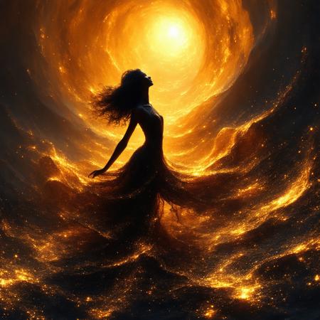 A dancing woman's silhouette emerges in fluid, interwoven strokes of molten gold, her form dissolving into a boundless field of amber and saffron under a blazing celestial light. Low-angle perspective from field level magnifies her stature against swirling horizons where Klimt’s metallic textures meet O’Keeffe’s organic curves. Backlighting etches her edges in solar flares, casting elongated shadows that ripple through textured plains like liquid silk. Heat shimmers distort the air, pollen motes glinting as her tendril-lines unfurl into ancient calligraphic symbols—a transcendent dance of ephemeral light and eternal motion.