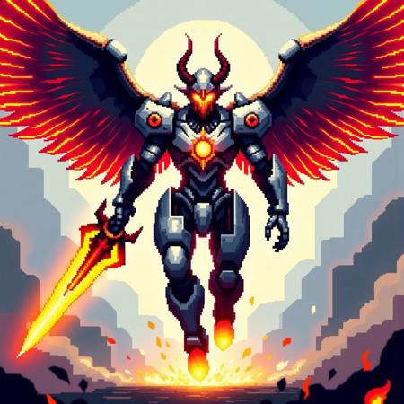pixel style a mechanized hybrid of angel and demon charges forward, its towering, biomechanical form a terrifying symphony of divine elegance and infernal brutality. Its sleek, obsidian exoskeleton pulses with molten red veins, contrasting with radiant, gold-plated wings arcing wide—feathers forged from plasma filaments and razored steel. One lower arm, twisted with arcane circuitry and bone, wields a colossal flaming sword that screams as it slices through the air, casting hellfire and light. Its face is split—a glowing, angelic mask of serene perfection fused with a snarling demonic skull, crowned with a halo of broken gears and black flame. As it sprints toward the viewer, shattered earth and embers erupt beneath each footfall, its stare both beatific and damning. A being not born, but forged—meant to judge, to destroy, to awe. It is beauty and horror intertwined, a vision from a forgotten god's nightmare.