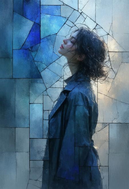 A profoundly moving and surreal depiction of a woman standing amidst a torrential downpour, rendered in a fractured, stained-glass Cubist style. The scene shatters into geometric shards, presenting multiple perspectives of the woman's form and the relentless rain, conveying a sense of resilience and vulnerability. The palette utilizes deep blues, grays, and stark whites, punctuated by bold black outlines and a gentle, internal glow emanating from the woman's face and figure. Photorealistic details of the rain's texture and the womanâs expression harmonize with the abstract fragmentation, creating a powerful and emotionally resonant image. Ultra detailed, 8k resolution, volumetric lighting, octane render, emphasizing the dynamic interplay of light and shadow and the reflective qualities of the rain.