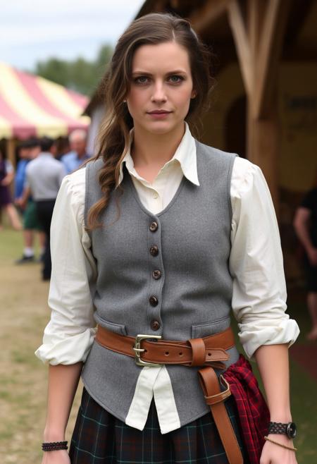 A masculine woman at a renaissance fair wearing a kilt, wide-collared shirt, and a grey spotted vest.