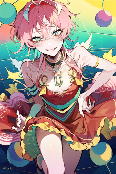 (masterpiece), (best quality),  <lyco:kuroume_1024-10:1.0>, smile,pink hair, blue eye, dress,yellow forehead,S chest ,twin,vivid,yellow skin,red, light, sky,water ,round Bubbles, drops,flash