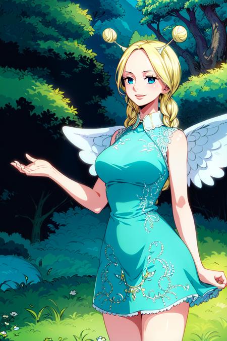 masterpiece, ((ultra detailed background, delicate pattern, intricate detail)), (highly detailed, fine details), best quality, beautiful lighting, ((medium breasts, slim girl)), Conis, 1girl, solo, blonde hair, wings, twin braids, smile, dress, blue eyes, bun, complex detailed background, blue sky, grass, trees, nature environment, (cowboy shot),   <lora:Conis:0.75>