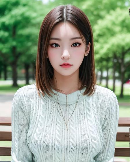 pureerosface_v1:0.3, best quality, photorealistic, 8k, high res, full color, 1girl, woman, 20 years old woman, (closed mouth:1.43), (skindentation), (portrait:0.6), trees, park bench, daylight, ((park background:1.52)), full color, ((necksweater:1.68)), looking at viewer:1.8, (1girl eyes looking at viewer:1.55), (medium-length hair, brownhair, partedbangs:1.45), (bokeh), <lora:AAW-yeji:0.65>