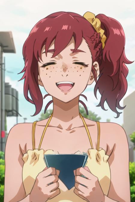 best quality, masterpiece, highres, solo, {lily_lipman_birdiewinggolfgirlsstory:1.15}, red_hair, scrunchie, freckles, side_ponytail, brown_eyes, open_mouth, hair_ornament, 1girl, braid, closed_eyes, anime_coloring, smile, blush, yellow_scrunchie, hair_scrunchie, clenched_hands