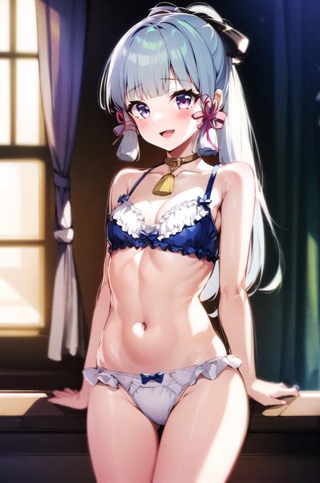 1girl, underwear, solo, panties, long hair, open mouth, bra, smile, curtain grab, white bra, navel, underwear only, white panties, frilled panties, frills, :d, blush, looking at viewer, frilled bra, curtains, red eyes, collarbone, bow bra, small breasts, cowboy shot, breasts, (masterpiece,best quality)