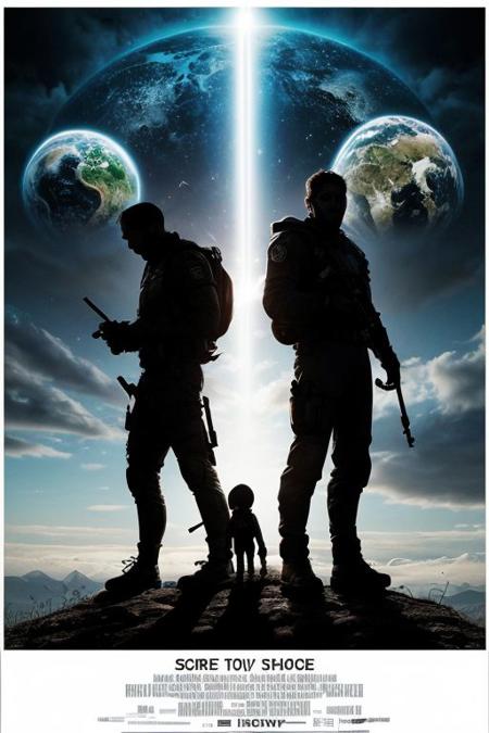 score_9, score_8_up, score_7_up, ultrarealistic movie poster, Artistic composition, title of the film written in stylized letters at the top of the poster, overlooking a silhouette of Earth surrounded by menacing alien spacecraft, In the foreground 3 heroes stand together, Glimmers of hope shine through the dark clouds, <lora:more_details:0.5>