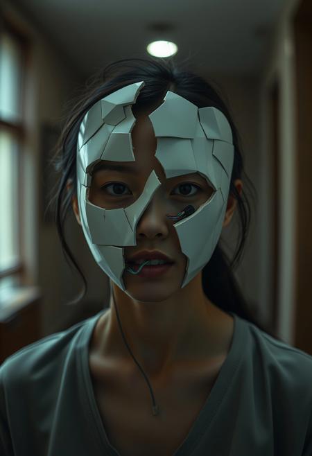 An Asian woman wears a fractured porcelain mask with exposed wires and technological elements underneath, captured as a haunting photograph using a full body shot, under the dim, focused light of an interior space, emphasizing the blend of fragility and technology and the sense of concealed emotions.