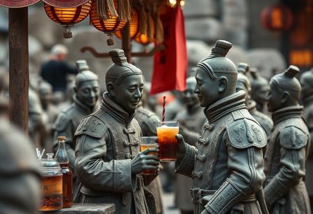 china,fantasy, a terracotta soldier buying a drink at a street vendor that is selling drinks. it is a zoomed out shot also showing other terracotta soldiers pretending to be human but they are doing different actions