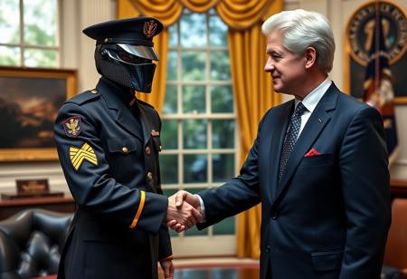 classic cobra commander in an immaculate military dress uniform posing for photo shaking hands with president clinton of the united states in sharp suit inside the oval office, real photograph, gi joe, photorealistic, correct hands, correct fingers, presidential seal, vote button, campaign photo, election, elegant scene