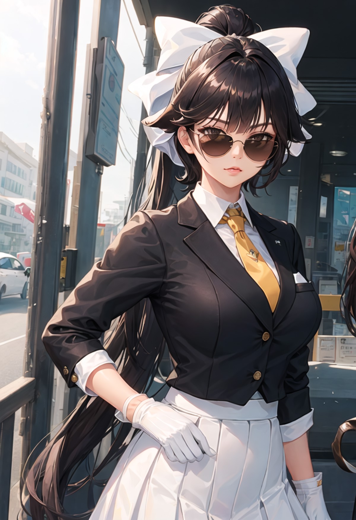 best quality, masterpiece, highres, solo, {takao_azurlane:0.90}, {black business suit:1.40}, {tie:1.20}, {sunglasses:1.25}...